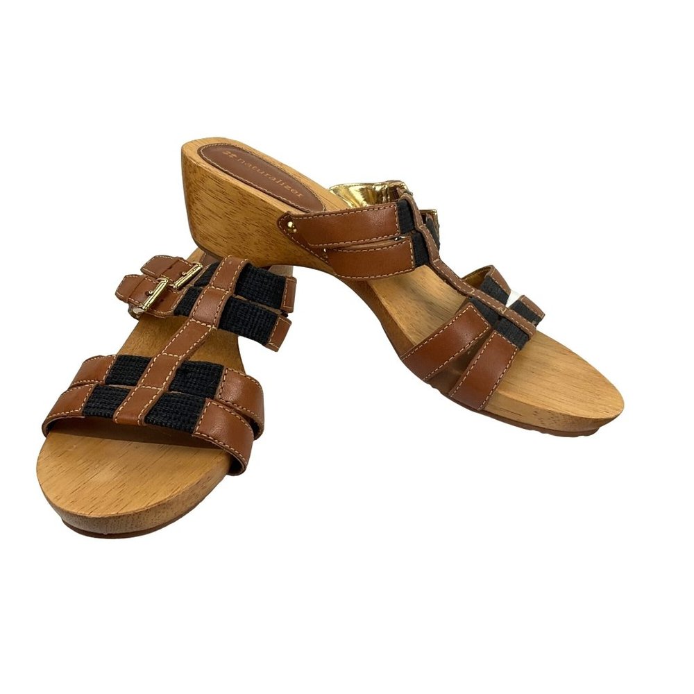 Naturalizer Athina Brown and Black Wooden Sole Slip On Sandals Women's 9M